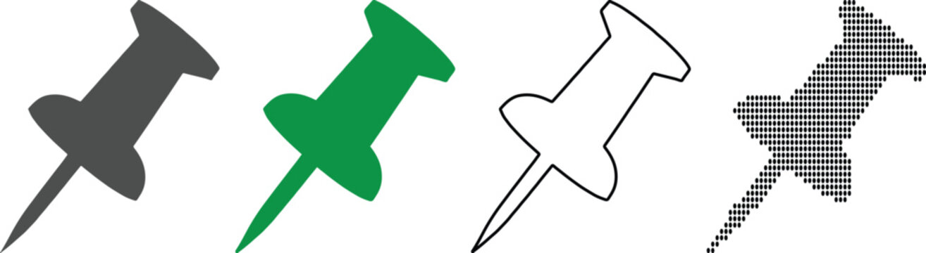 Variety of push pin icons in different colors and styles for graphic design