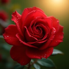 Beautiful red rose with water droplets in sunlight