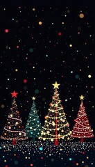 Elegant line art Christmas trees, black background Doodle style vector illustrations , sketch, festive