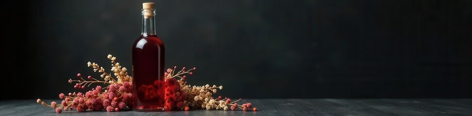 Elegant wine bottle, dried flowers, dark backdrop Minimalist still life , design, background