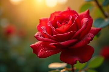 Beautiful red rose with water droplets in a garden at sunset
