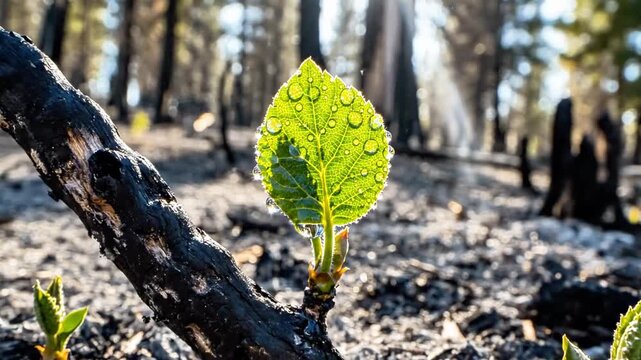 A small green leaf with water droplets on it grows from a burnt tree branch amidst charred remains, with water droplets falling around