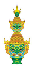 The Tossakan or Thotsakan or Ravana mask crown in Ramakien or Ramayana Mahabharata literature or Thai drama Khon green giant temple guard draw in colorful art vector