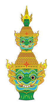 The Tossakan or Thotsakan or Ravana mask crown in Ramakien or Ramayana Mahabharata literature or Thai drama Khon green giant temple guard draw in colorful art vector