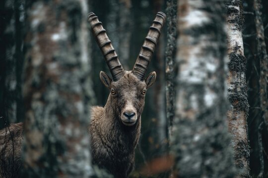 Majestic wild goat with curved horns stands in a mossy forest