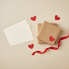 Romantic Valentine Workspace Flat Lay on Off-White Background 