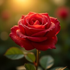 Beautiful red rose with dew drops in a lush garden at sunrise