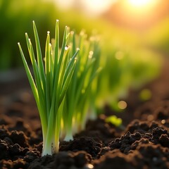Green onion shoots growing in fertile soil at sunrise
