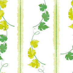 Green branches with swirling tendrils and stripes on a white background. Digital drawing, seamless pattern.