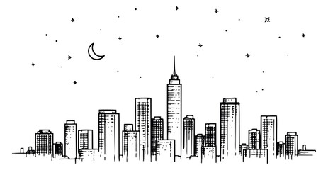 Hand drawn line art illustration of a cityscape skyline depicting night with moon and stars for city life and urban design concepts