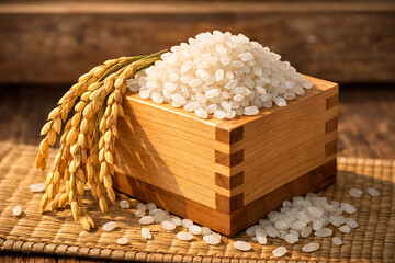 枡に入れた新米と稲穂
