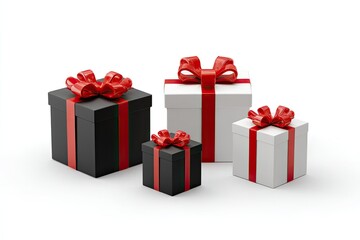 Obraz premium Four festive gift boxes in various sizes, each adorned with a vibrant red ribbon and bow, on white