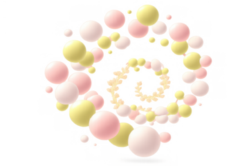 Pastel pink and yellow 3d spheres forming a dynamic spiral structure with a subtle floral branch on transparent background
