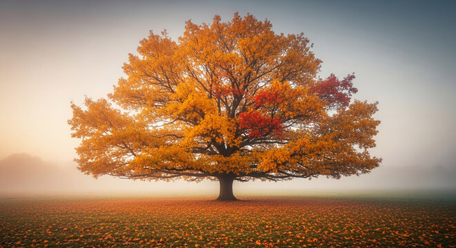 Large autumn tree in foggy field, golden and red leaves, serene autumnal scene symbolizing peace, nature's beauty, and seasonal change - Powered by Adobe