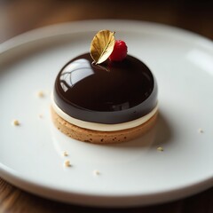Delicious chocolate cake with raspberry and leaf on white plate