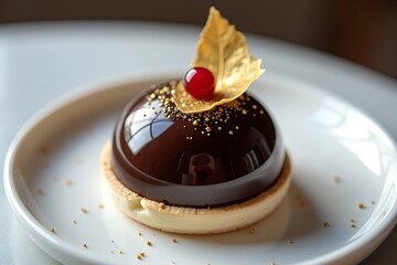 Delicious chocolate mousse dessert with golden leaf and red berry on top