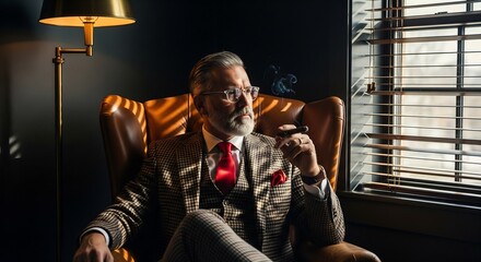 Sophisticated businessman relaxing with cigar in modern office