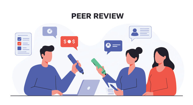 Illustration of peer review process with people exchanging ideas and providing feedback