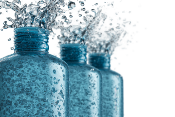 Cosmetic shampoo bottle dramatic water splash isolated on transparent background