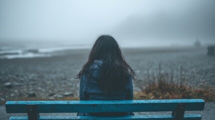 Woman on blue bench by shore