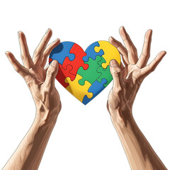 Hands Holding a Multicolored Jigsaw Puzzle Heart, Isolated Subject