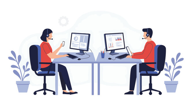Illustration of customer service representatives working at their desks with computers and headsets