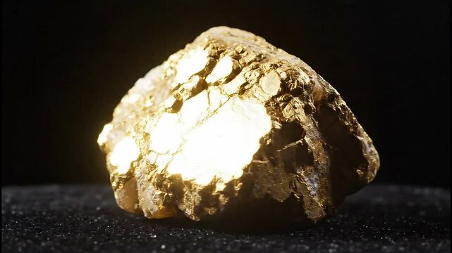 Close Up Gold Nugget On Black Background Shimmering Metallic Texture.
