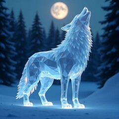 Crystal wolf howls under moonlight in snowy forest landscape