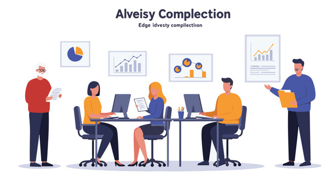 Illustration of an office meeting with people discussing graphs and charts on the wall