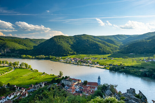 Wachau Valley offers a stunning panorama of the Danube River in Ausrtia. The quaint village of Durnstein is seen with its vineyards and historical architecture along the riverbank.