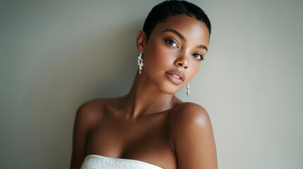 Model in chic outfit by wall