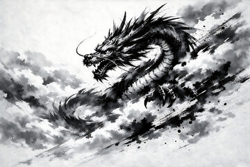 筆文字素材の手書きの墨で描いた龍のイラスト
