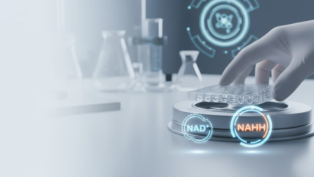 Scientific research on longevity explores NAD and NAHH molecules with advanced laboratory technology for health innovation and anti aging studies - Powered by Adobe