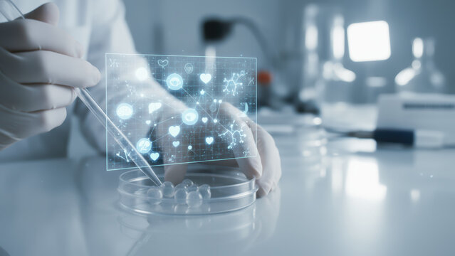 Scientist conducting longevity research with petri dish and digital molecular interface in laboratory environment - Powered by Adobe