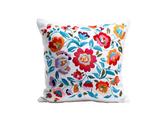 Vibrant Floral Embroidery Throw Pillow  on Transparent Background for interior design