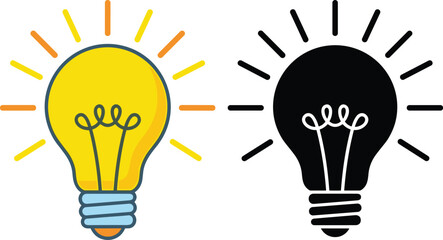 Light bulb idea illustration set, yellow glowing lamp and black silhouette icon, creativity innovation concept vector design