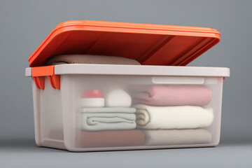 Clear storage box with folded blankets and decorative items inside  