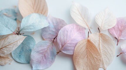 Colorful leaves on a white surface