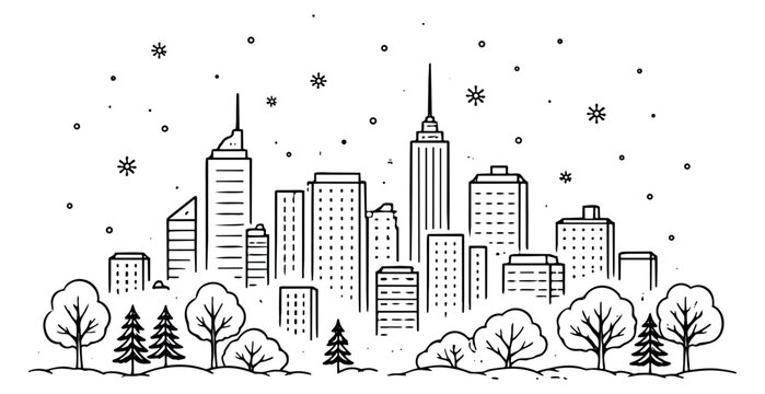 Hand drawn line art illustration of a city and park depicting an urban winter scene for seasonal designs