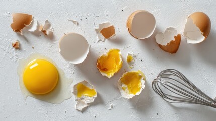 Broken eggs and a whisk on a table
