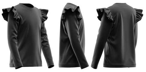 T-Shirt for Girls Round Neck Long Sleeve with Ruffle Shoulder, Plain Blank Apparel Mockup, 3D Rendered