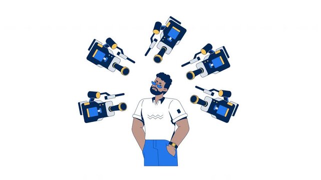 Surrounded by surveillance cameras 2D animation. Discomfort of constant observation. Black man personal privacy violation animated character cartoon flat concept metaphor 4K video isolated on white