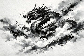 筆文字素材の手書きの墨で描いた龍のイラスト
