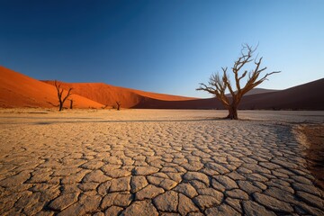 Desert Dawn over Deadvlei: red dunes encircle a white clay pan with stark tree silhouettes in Sossusvlei, Namibia