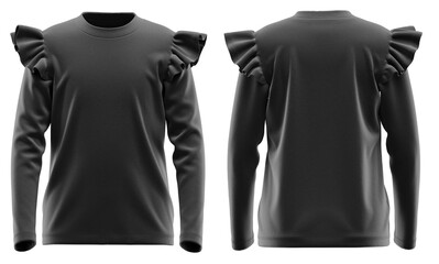 T-Shirt for Girls Round Neck Long Sleeve with Ruffle Shoulder, Plain Blank Apparel Mockup, 3D Rendered