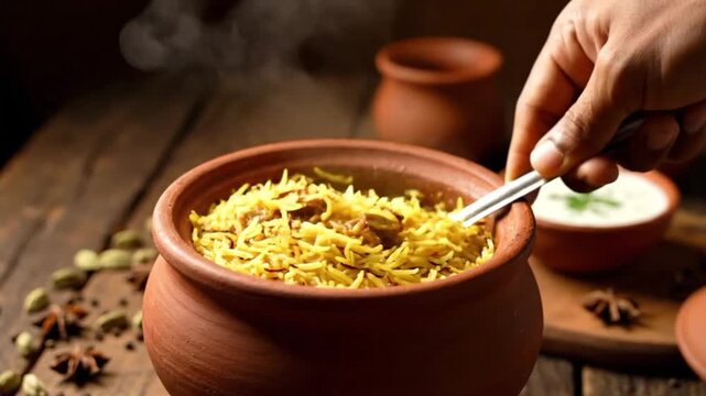 "Dum" cooking method, where the pot is sealed to trap steam, allowing the rice and marinated meat to cook slowly in their own juices. The steam rising when the lid is lifted shows that the dish was co