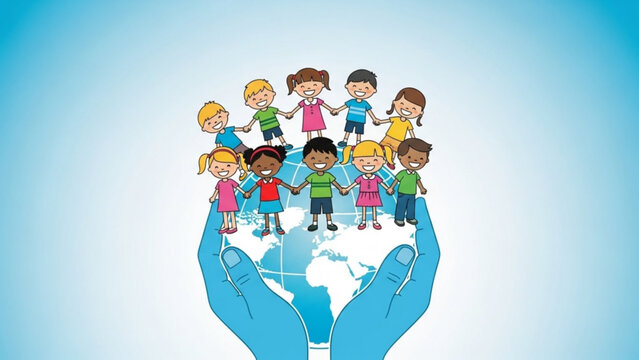 Diverse children holding hands around the globe symbolizing global unity and childhood held by caring hands on a blue gradient background