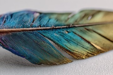 Detailed parrot feather texture with bright rainbow hues on neutral background