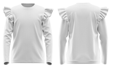 T-Shirt for Girls Round Neck Long Sleeve with Ruffle Shoulder, Plain Blank Apparel Mockup, 3D Rendered