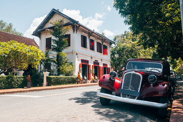 retro car at luang prabang street, laos